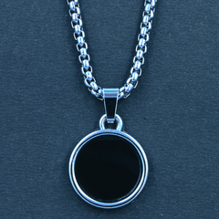 Men's Pendant: Circular, Black, with a Silver-Colored Chain