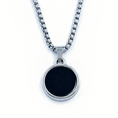 Men's Pendant: Circular, Black, with a Silver-Colored Chain