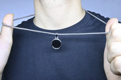 Men's Pendant: Circular, Black, with a Silver-Colored Chain