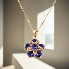 Golden Floral Inspired Pendant with Purple Gemstones and Unique Pattren Golden Chain