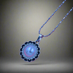 Silver Chain Necklace with Sparkling White Pearl in middle and Edges with Black Flower Pendant