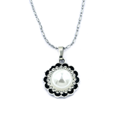 Silver Chain Necklace with Sparkling White Pearl in middle and Edges with Black Flower Pendant