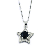 Silver Necklace with a Star Designed Pendant, Black Stone Center, and Silver Chain
