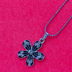 Flower Pendant: Five Leaves, Silver Design, Centered Circular Gem, Matching Chain