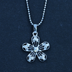 Flower Pendant: Five Leaves, Silver Design, Centered Circular Gem, Matching Chain