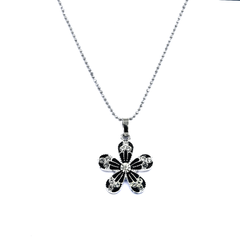 Flower Pendant: Five Leaves, Silver Design, Centered Circular Gem, Matching Chain