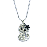 Cute Cat Pendant covered in Shiny Silver Gems, Small Black Stone Flower on its Head