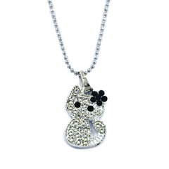 Cute Cat Pendant covered in Shiny Silver Gems, Small Black Stone Flower on its Head