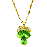 Gold Chain Necklace Pendant Decorated with Green Diamond Fruits and Gold Leaves