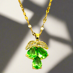 Gold Chain Necklace Pendant Decorated with Green Diamond Fruits and Gold Leaves