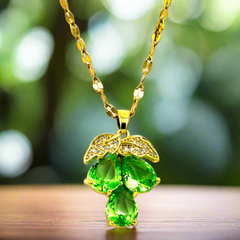 Gold Chain Necklace Pendant Decorated with Green Diamond Fruits and Gold Leaves