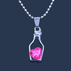 Silver Bottle Chain with a Pink Heart Crystal Pendant Inside Hanging on a Unique Patterned Chain