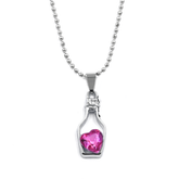 Silver Bottle Chain with a Pink Heart Crystal Pendant Inside Hanging on a Unique Patterned Chain