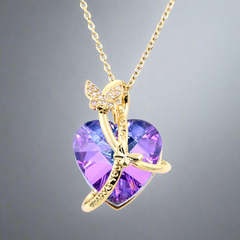 Enchanting Purple Crystal Heart Necklace with Butterfly Charms: Gold Accents