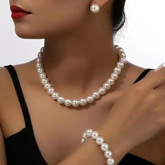 Pearl Necklace Set: Choker, Bracelet, Double-Sided Earrings