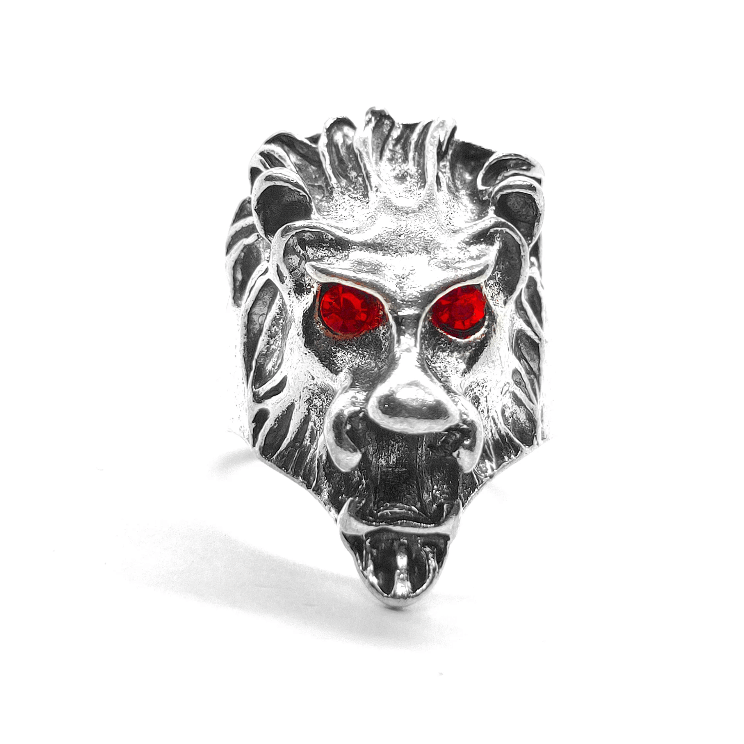 Silver Lion Red Eye Mens Ring