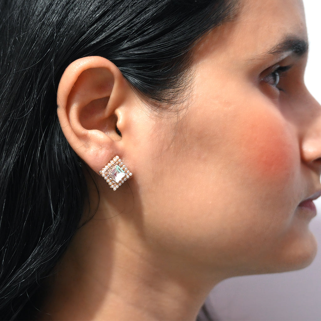 Square Gem Ear Tops with Sparkling Border