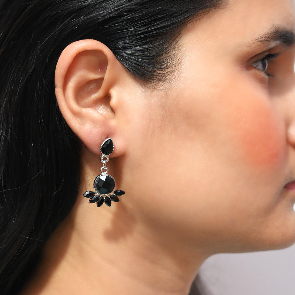 Graceful Black and Silver Floral Drop Earrings