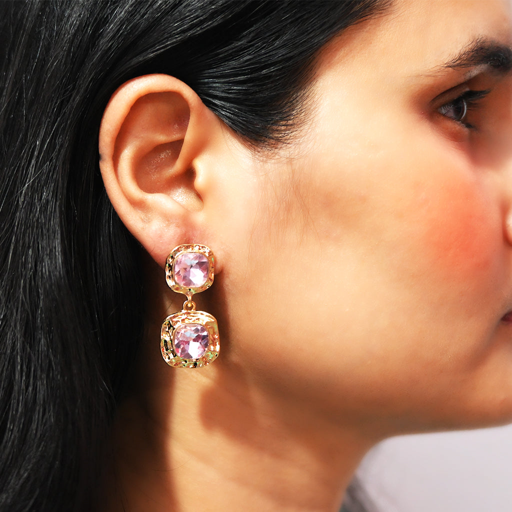 Pink Glass Stone Earrings with Gold Touch