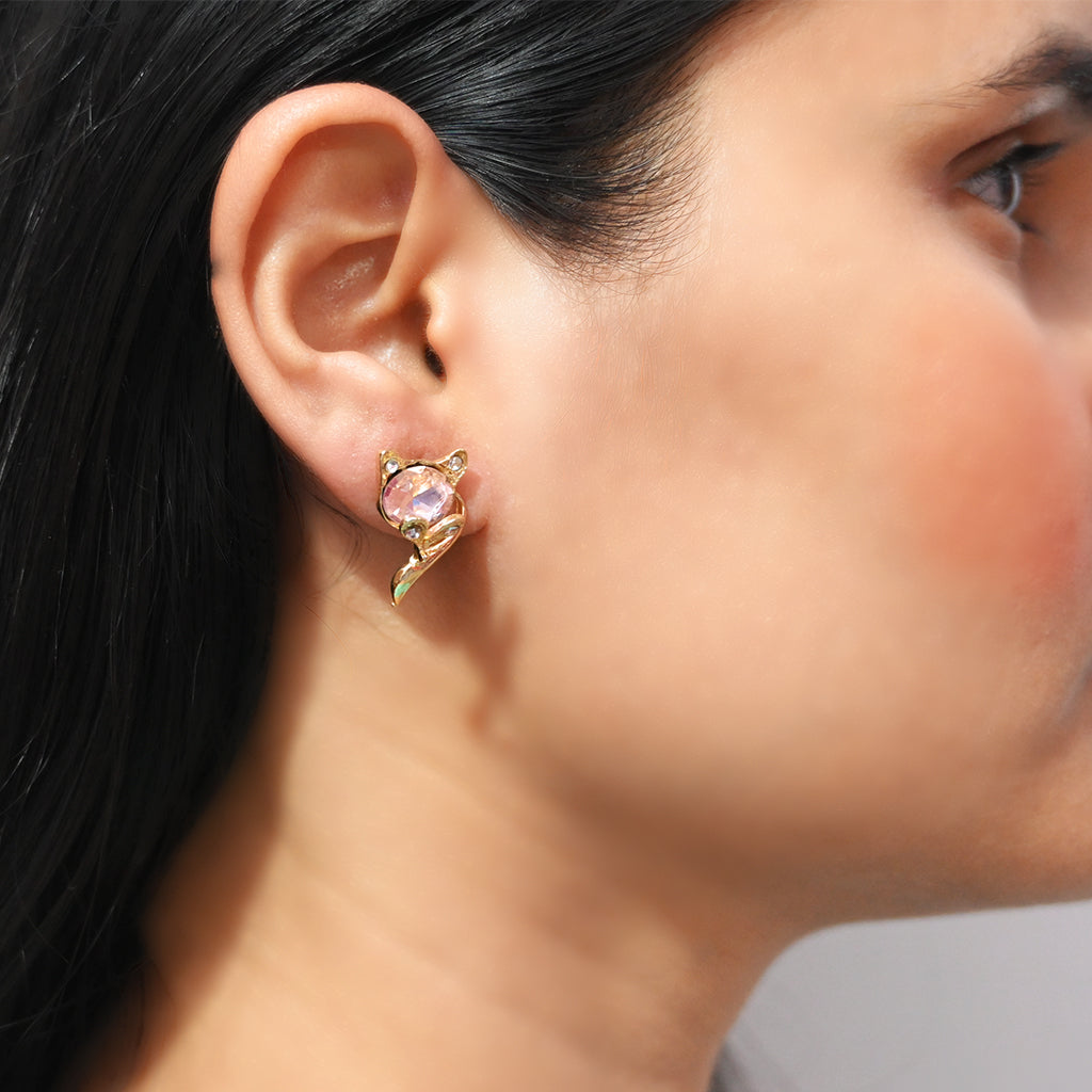 Pink Gem Flower Earrings with Gold Leaves