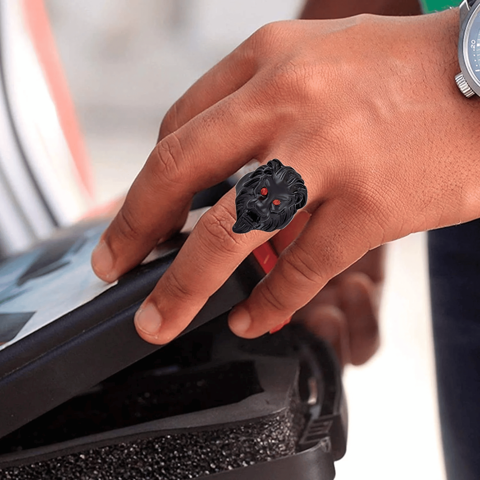 Black Lion Red Eye Mens Ring