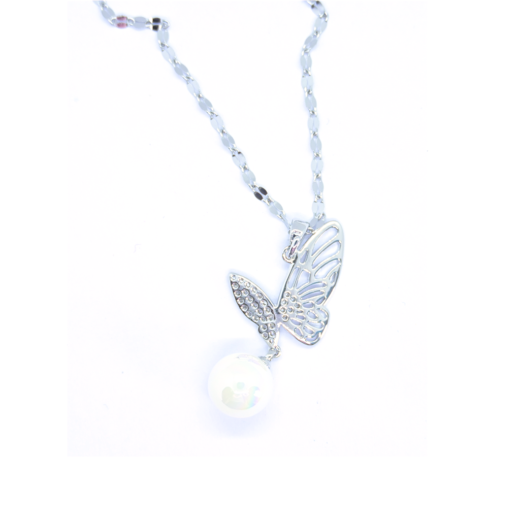Butterfly Pendant with White Pearl on Unique Silver Chain