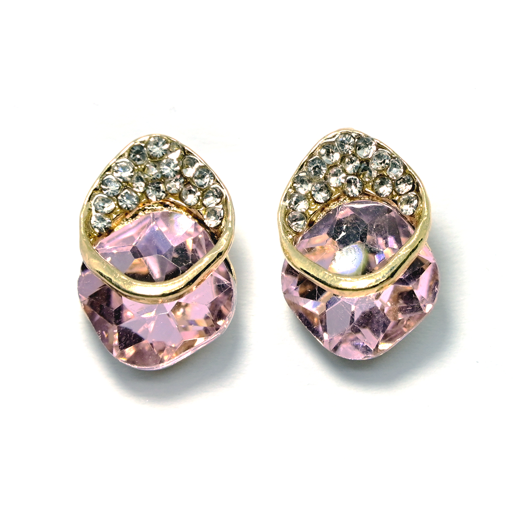 Pink Gem Circle Earrings with Golden Oval