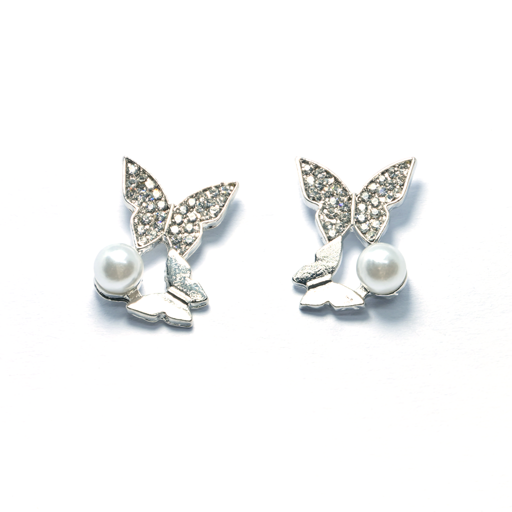 Silver Butterfly Duo Earrings with Gem and Pearl
