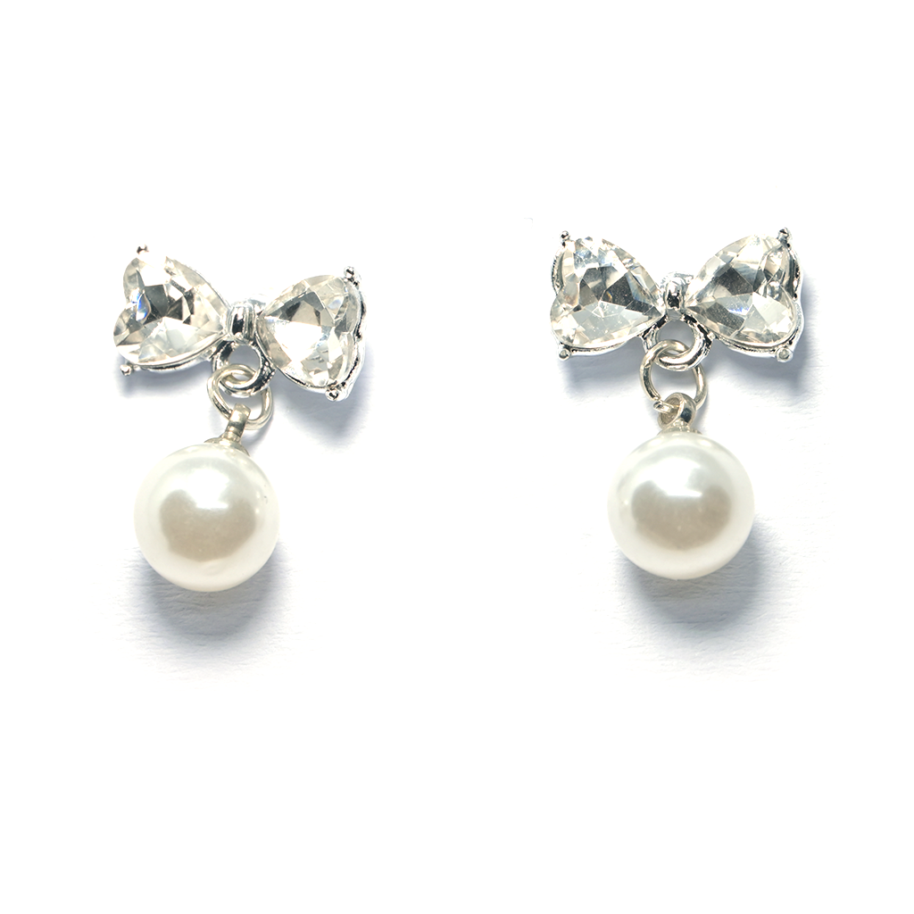 Silver Bow and Heart Earrings with Pearls