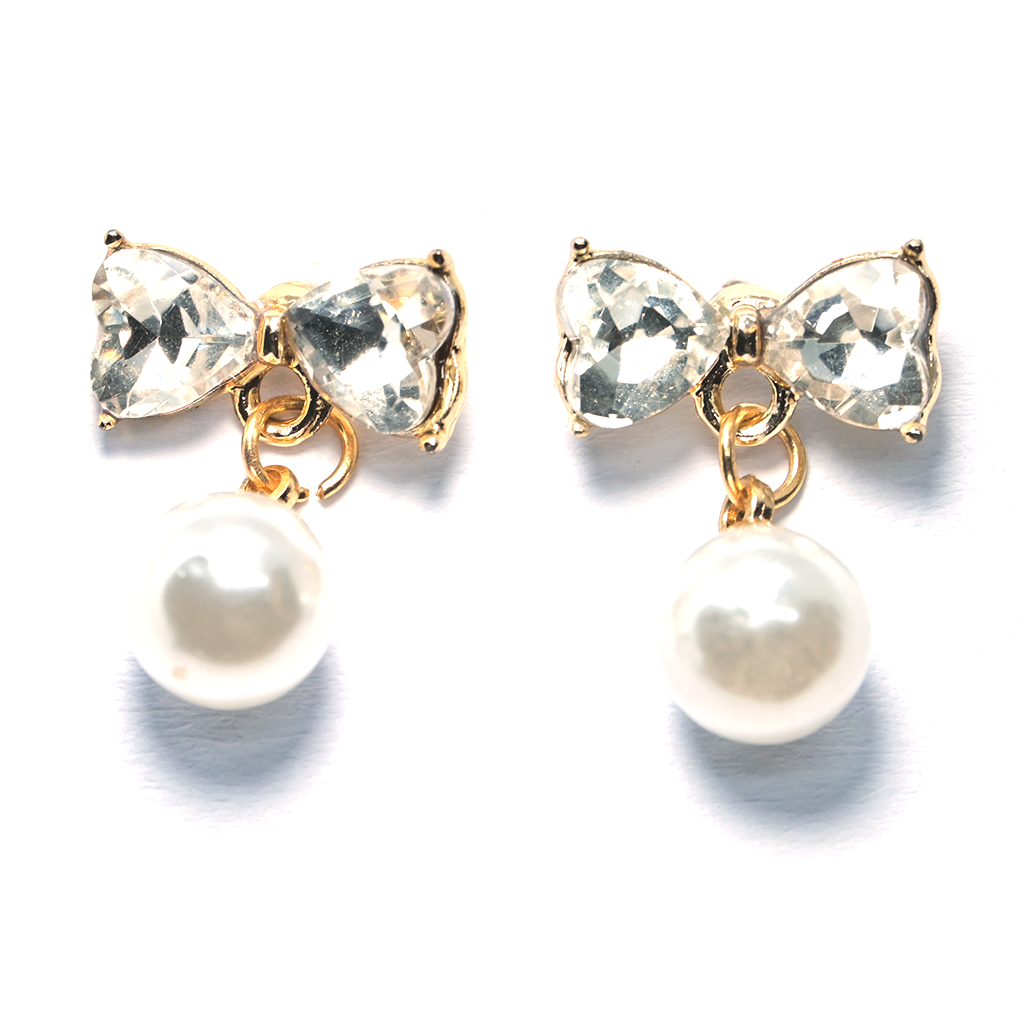 Golden Bow and Heart Earrings with Pearls