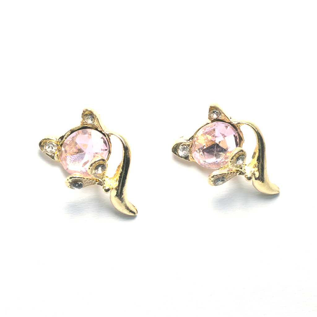 Pink Gem Flower Earrings with Gold Leaves