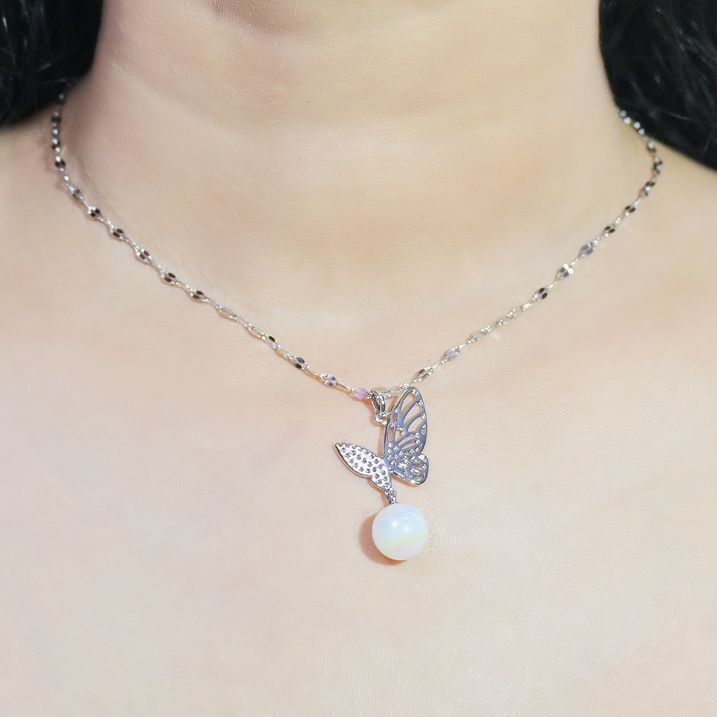 Butterfly Pendant with White Pearl on Unique Silver Chain