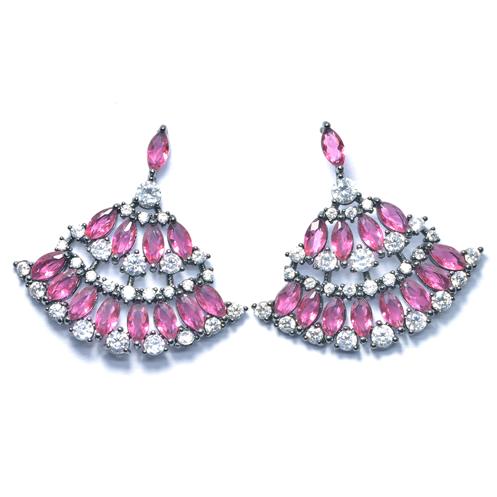 Pink Gemstone Leaf Earrings with Crystals