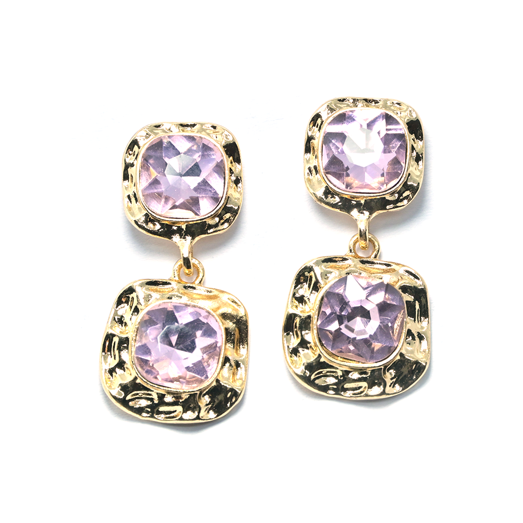 Pink Glass Stone Earrings with Gold Touch