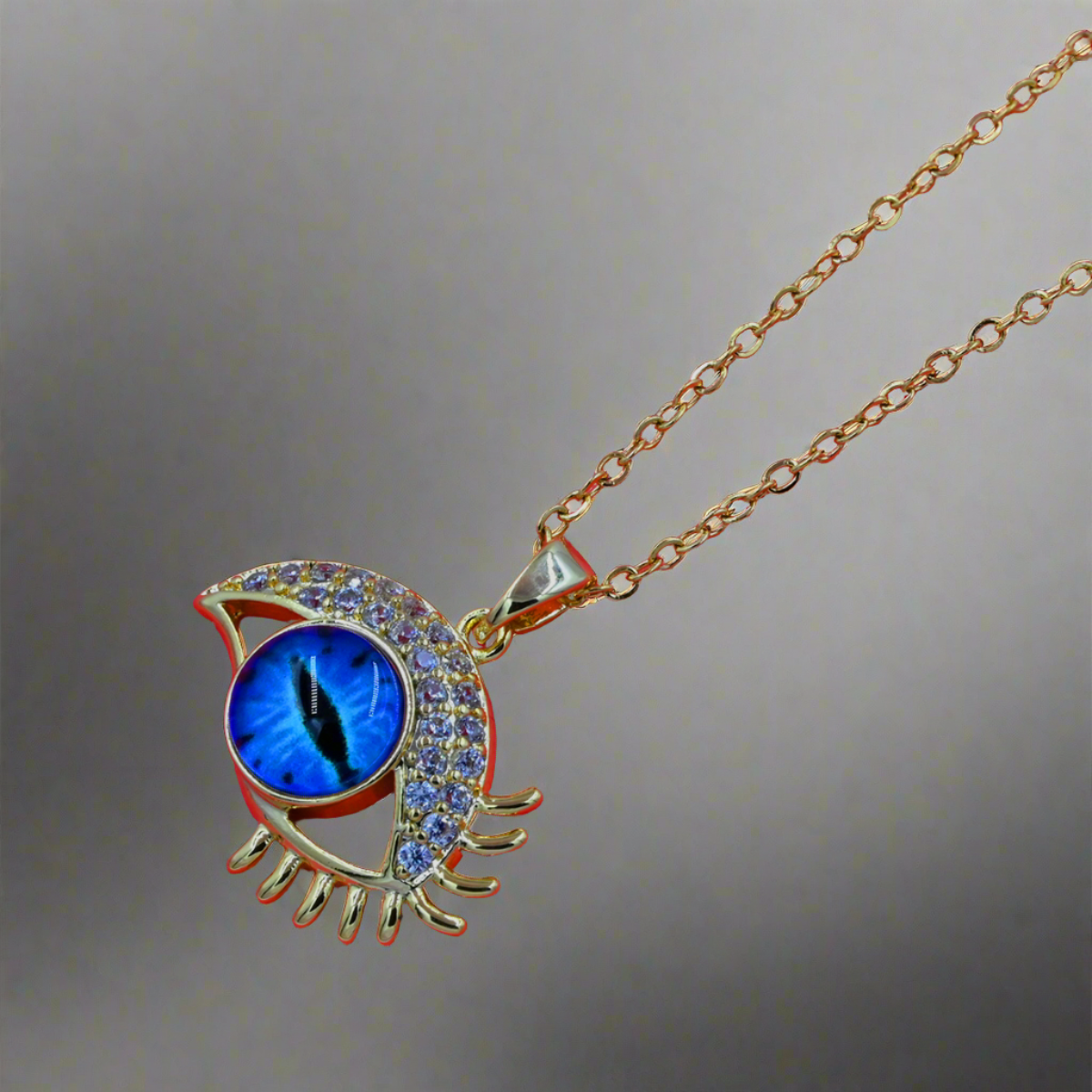 Evil Eye Gold Pendant with Silver Gems, Blue Eye Gold Eyelashes with Silver Chain
