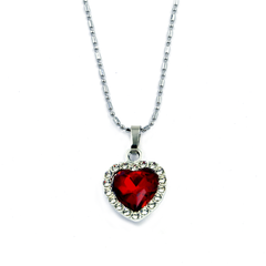 Pendant Shaped Like Heart with Red Stone & Small Silver Gems Around it, Plus a Silver Chain