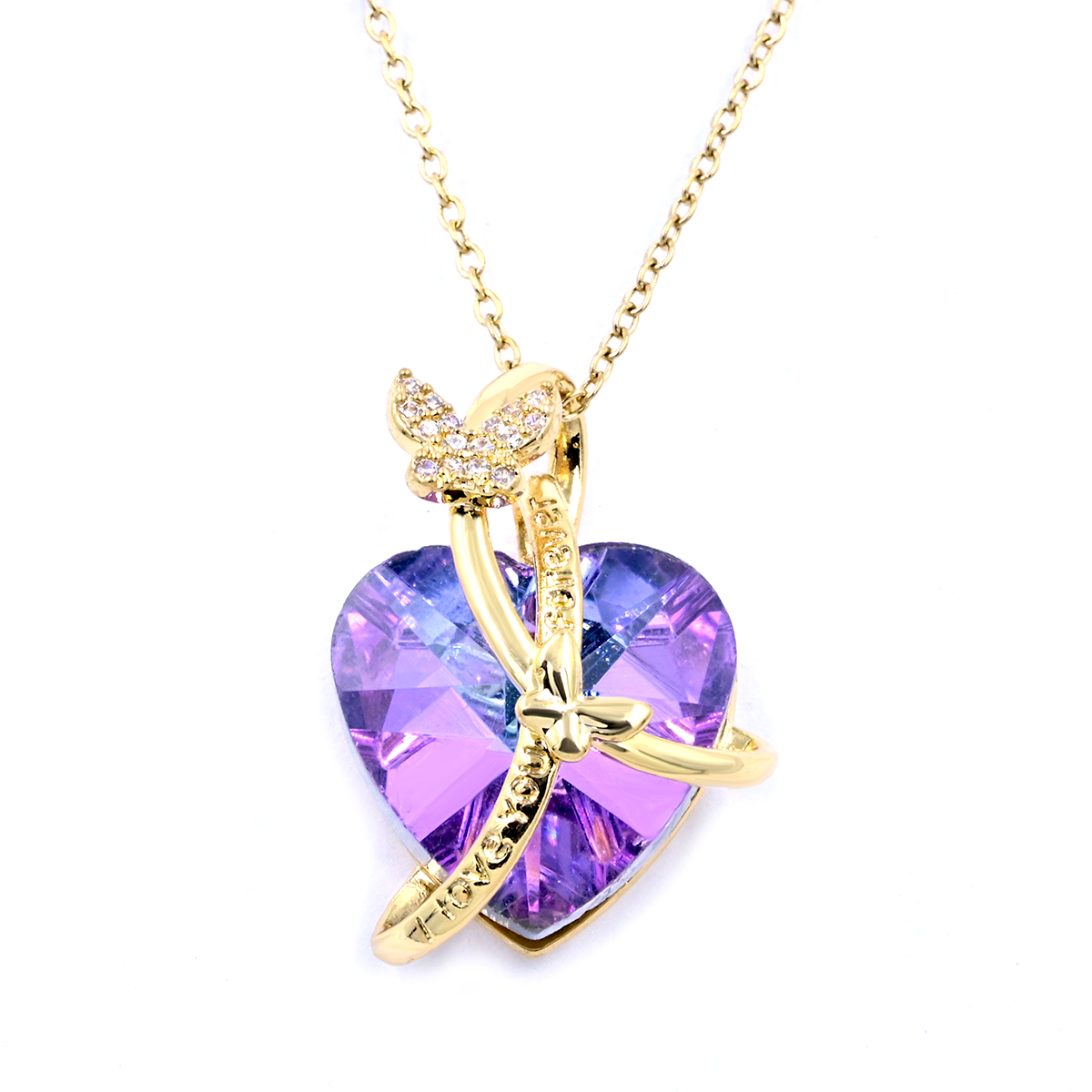 Enchanting Purple Crystal Heart Necklace with Butterfly Charms: Gold Accents